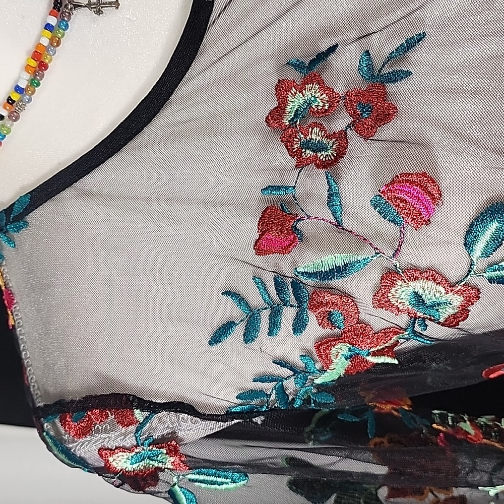 Wild Flower Mesh Embroidered Black Long Sleeves Top. 6 - Picture 4 of 13